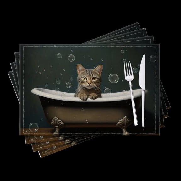 BaHomeck placemats Set of 4 Adorable Cat Sitting In The Bathtub And Bubbles Floating Around Cotton Linen rectangle Placemats for Kitchen Dining Table Indoor,Outdoor,18*12inch