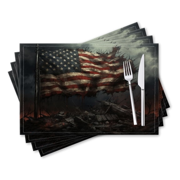 BaHomeck placemats Set of 4 rectangle Linen Cotton Placemats for Dining Table Washable Heat Resistant,18*12inch,The American Flag Atop A Pile Of Rubble And Torn And Destroyed