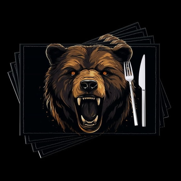 BaHomeck placemats Set of 4 Angry Bear Head With Open Mouth And Sharp Teeth Cotton Linen rectangle Placemats for Kitchen Dining Table Indoor,Outdoor,18*12inch