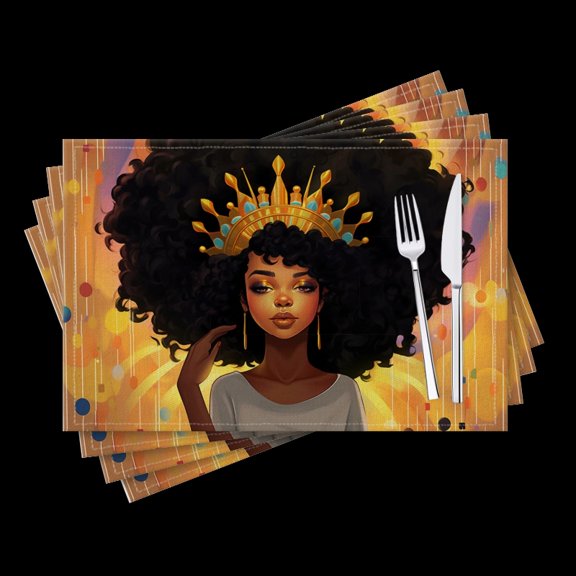 BaHomeck placemats Set of 4 Beautiful Black Woman With Large Afro Wearing Golden Crown Cotton Linen rectangle Placemats for Kitchen Dining Table Indoor,Outdoor,18*12inch