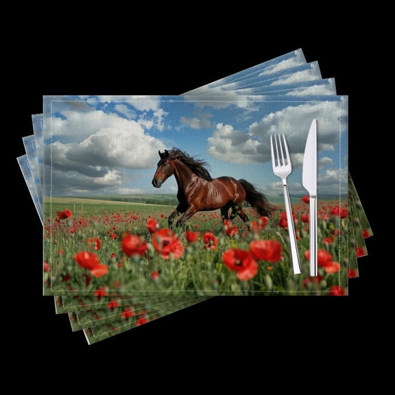 BaHomeck placemats Set of 4 Beautiful Brown Horse Galloping Through Poppy Field Cotton Linen rectangle Placemats for Kitchen Dining Table Indoor,Outdoor,18*12inch