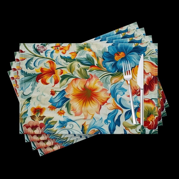 BaHomeck placemats Set of 4 Beautiful Floral Pattern In The Style Of Russian Folk Art Cotton Linen rectangle Placemats for Kitchen Dining Table Indoor,Outdoor,18*12inch