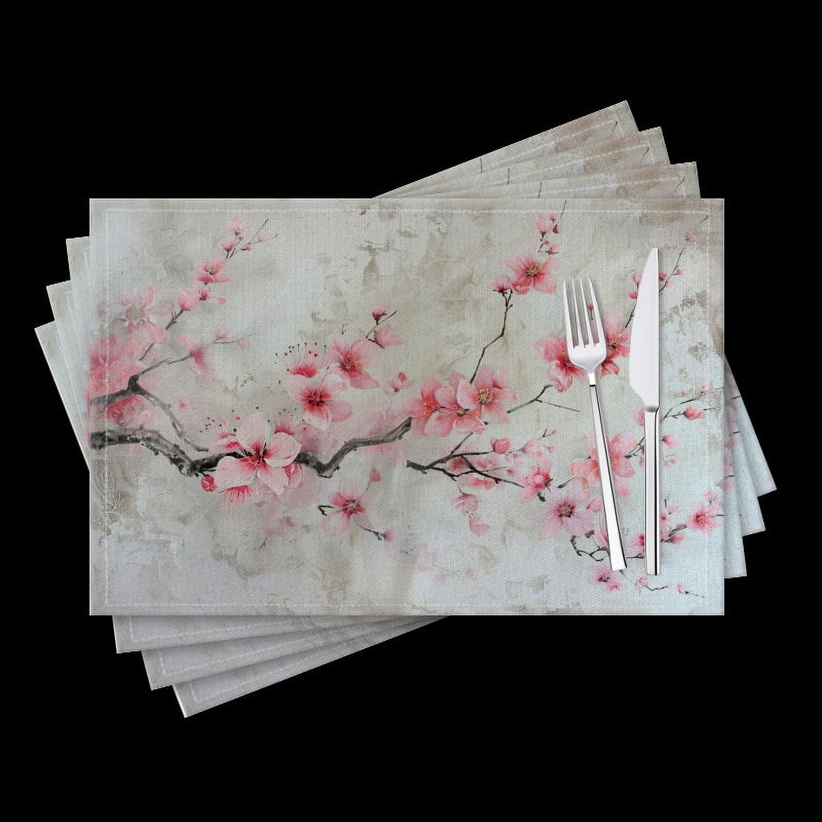 BaHomeck placemats Set of 4 Beautiful Pink Cherry Blossom Painting On Textured Paper Cotton Linen rectangle Placemats for Kitchen Dining Table Indoor,Outdoor,18*12inch