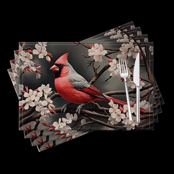 BaHomeck placemats Set of 4 Beautiful Red Male Cardinal Perched On Cherry Blossom Tree Cotton Linen rectangle Placemats for Kitchen Dining Table Indoor,Outdoor,18*12inch