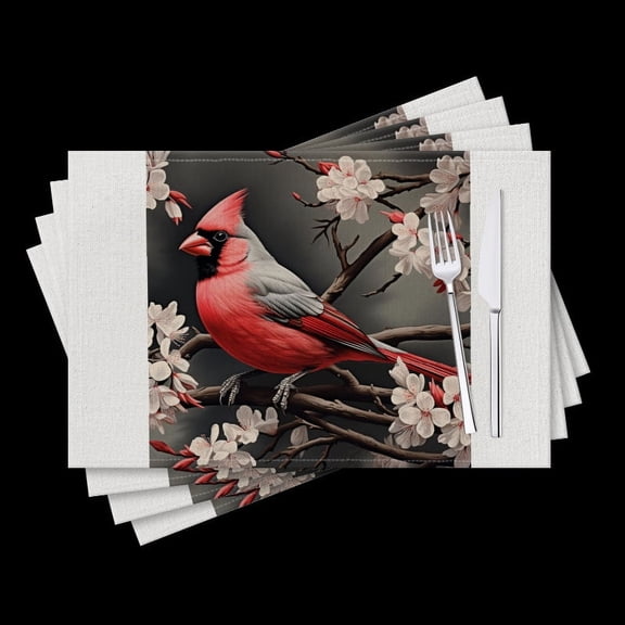 BaHomeck placemats Set of 4 Beautiful Red Male Cardinal Perched On Cherry Blossom Tree Cotton Linen rectangle Placemats for Kitchen Dining Table Indoor,Outdoor,18*12inch