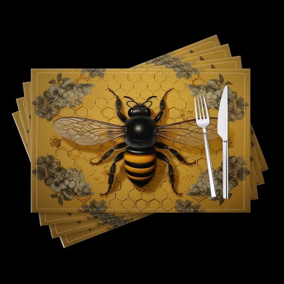 BaHomeck placemats Set of 4 Bee Illustration On Honeycomb Background With Floral Pattern Cotton Linen rectangle Placemats for Kitchen Dining Table Indoor,Outdoor,18*12inch