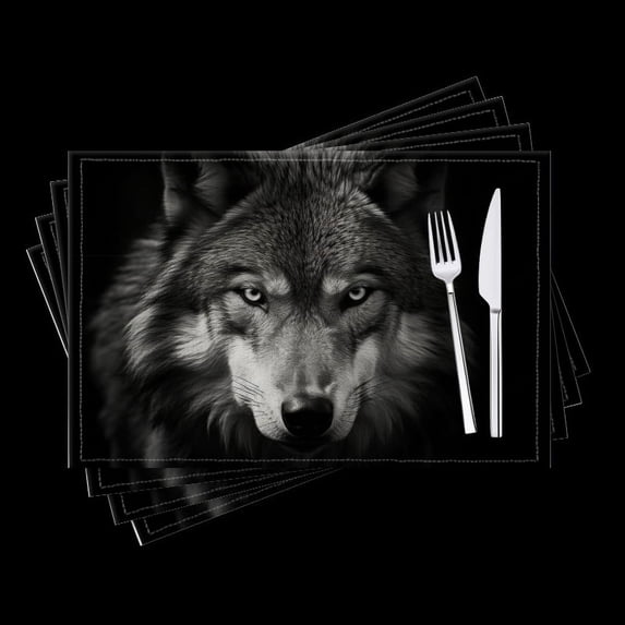 BaHomeck placemats Set of 4 Black And White Wolf Face Portrait In Dark Background Cotton Linen rectangle Placemats for Kitchen Dining Table Indoor,Outdoor,18*12inch