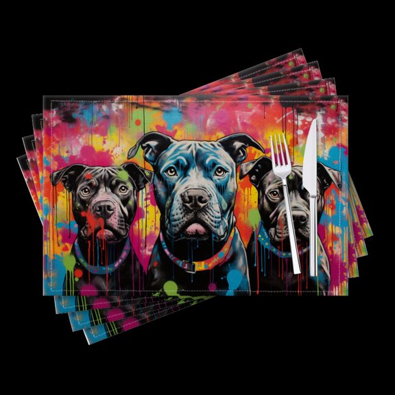 BaHomeck placemats Set of 4 Black Pit Bulls In Graffiti-Style With Vibrant Colors Cotton Linen rectangle Placemats for Kitchen Dining Table Indoor,Outdoor,18*12inch