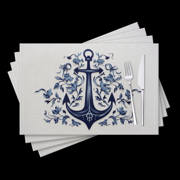 BaHomeck placemats Set of 4 Blue Anchor With Floral Designs Surrounding It Cotton Linen rectangle Placemats for Kitchen Dining Table Indoor,Outdoor,18*12inch