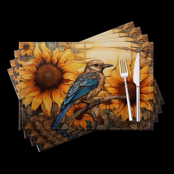 BaHomeck placemats Set of 4 Blue Bird Perched On The Branch Of Sunflower Cotton Linen rectangle Placemats for Kitchen Dining Table Indoor,Outdoor,18*12inch