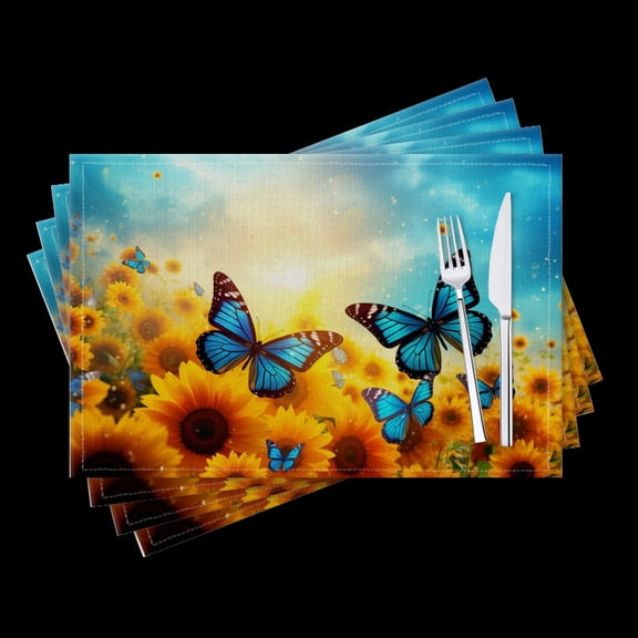 BaHomeck placemats Set of 4 Blue Butterflies In Sunflower Field With Blue Sky Cotton Linen rectangle Placemats for Kitchen Dining Table Indoor,Outdoor,18*12inch