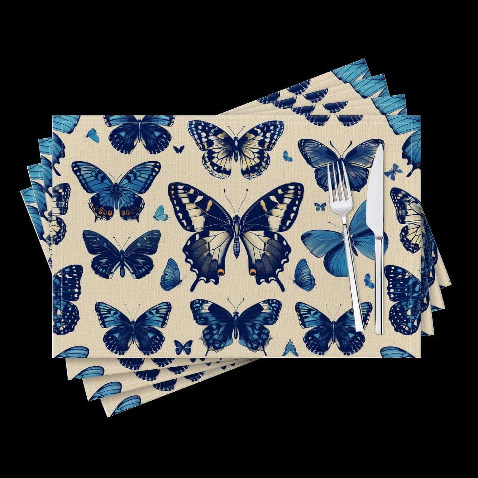BaHomeck placemats Set of 4 Blue Butterflies With Wings Spread Wide And Delicate Cotton Linen rectangle Placemats for Kitchen Dining Table Indoor,Outdoor,18*12inch