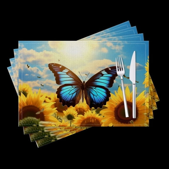 BaHomeck placemats Set of 4 Blue Butterfly Flying In The Sky And Surrounded By Sunflowers Cotton Linen rectangle Placemats for Kitchen Dining Table Indoor,Outdoor,18*12inch