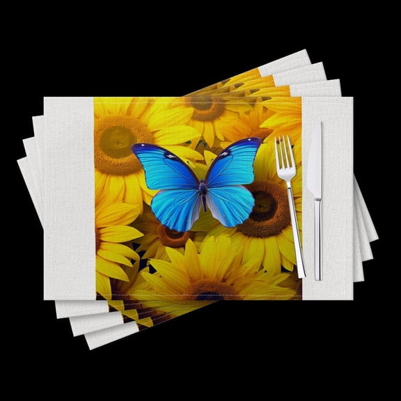 BaHomeck placemats Set of 4 Blue Butterfly Perched On Yellow Sunflowers Cotton Linen rectangle Placemats for Kitchen Dining Table Indoor,Outdoor,18*12inch