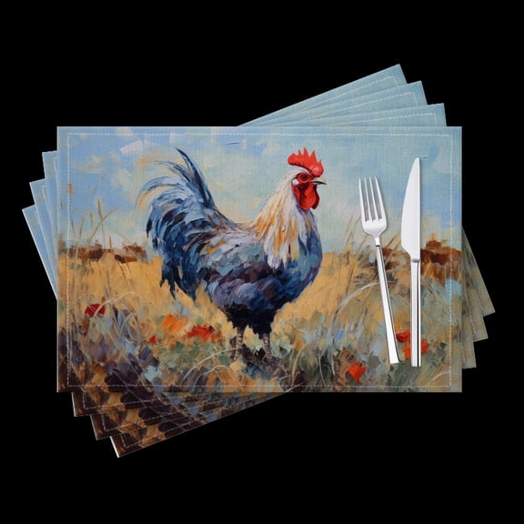 BaHomeck placemats Set of 4 Blue Rooster Standing In The Middle Of Autumn Field Cotton Linen rectangle Placemats for Kitchen Dining Table Indoor,Outdoor,18*12inch