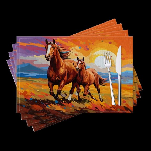 BaHomeck placemats Set of 4 Brown Horse And Foal Run Across The Prairie Cotton Linen rectangle Placemats for Kitchen Dining Table Indoor,Outdoor,18*12inch
