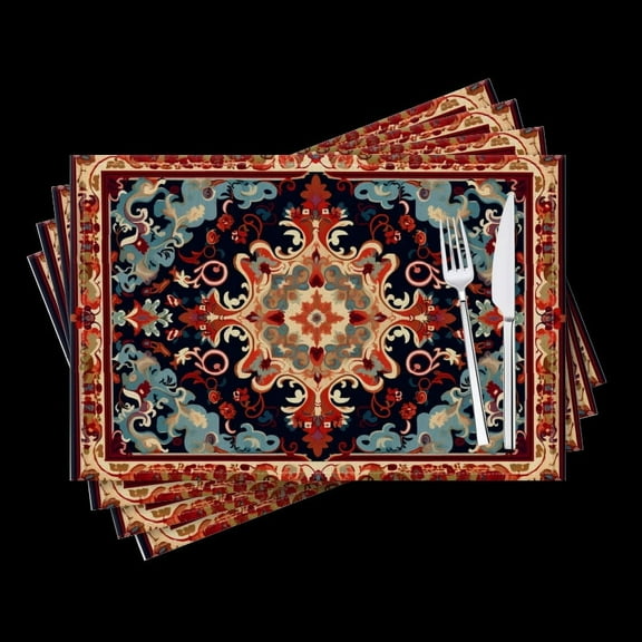 BaHomeck placemats Set of 4 Carpet Design With Traditional Chinese Patterns Cotton Linen rectangle Placemats for Kitchen Dining Table Indoor,Outdoor,18*12inch