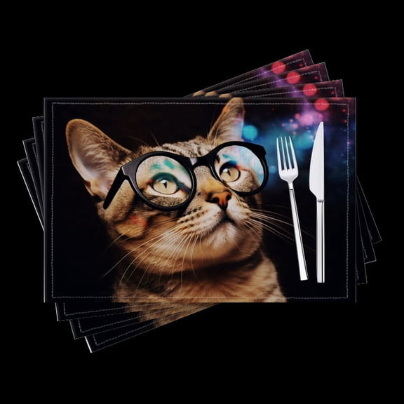 BaHomeck placemats Set of 4 Cat Wearing Glasses And Looking Up At The Sky Cotton Linen rectangle Placemats for Kitchen Dining Table Indoor,Outdoor,18*12inch
