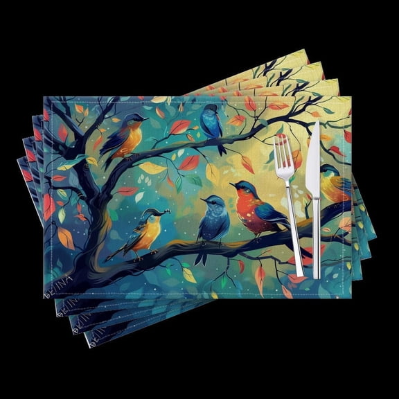 BaHomeck placemats Set of 4 Colorful Cartoon Birds Sitting On Tree Branches Cotton Linen rectangle Placemats for Kitchen Dining Table Indoor,Outdoor,18*12inch