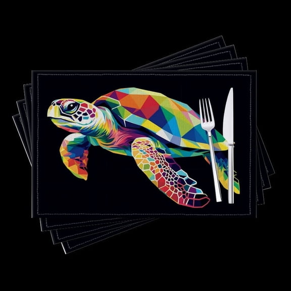 BaHomeck placemats Set of 4 Colorful Geometric Sea Turtle Vector Illustration On Black Background Cotton Linen rectangle Placemats for Kitchen Dining Table Indoor,Outdoor,18*12inch