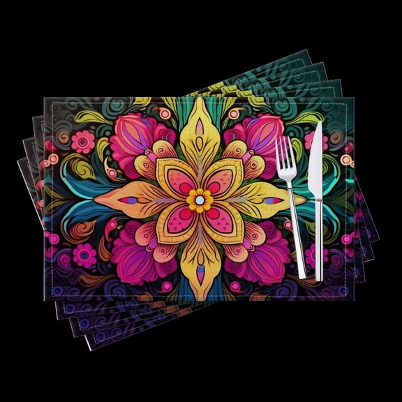BaHomeck placemats Set of 4 Colorful Mandala With Intricate Floral Patterns Vector Illustration Cotton Linen rectangle Placemats for Kitchen Dining Table Indoor,Outdoor,18*12inch