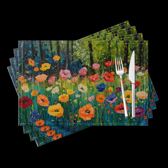 BaHomeck placemats Set of 4 Colorful Poppies In The Forest With Green Grass And Trees Cotton Linen rectangle Placemats for Kitchen Dining Table Indoor,Outdoor,18*12inch