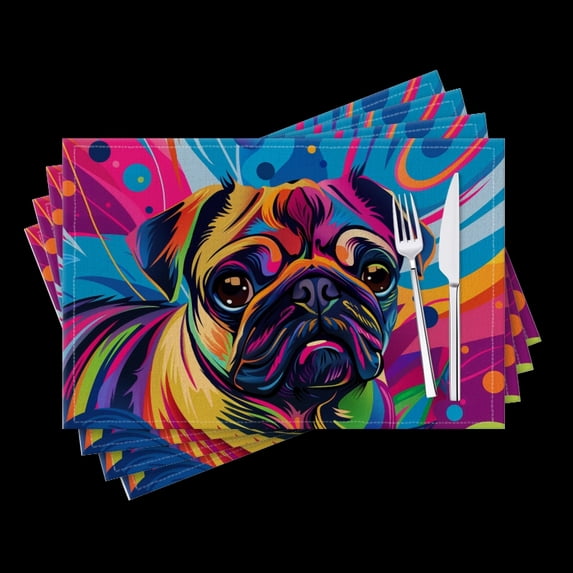 BaHomeck placemats Set of 4 Colorful Pug, With Vibrant Colors And Colorful Background Cotton Linen rectangle Placemats for Kitchen Dining Table Indoor,Outdoor,18*12inch