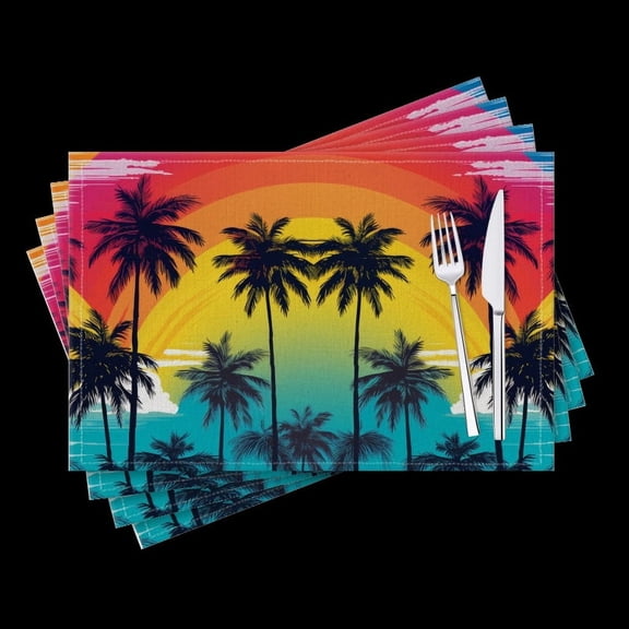 BaHomeck placemats Set of 4 Colorful Vector Illustration Of Palm Tree Silhouettes Cotton Linen rectangle Placemats for Kitchen Dining Table Indoor,Outdoor,18*12inch
