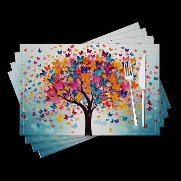 BaHomeck placemats Set of 4 Colorful Vector Illustration Of Tree With Butterflies Flying Around Cotton Linen rectangle Placemats for Kitchen Dining Table Indoor,Outdoor,18*12inch