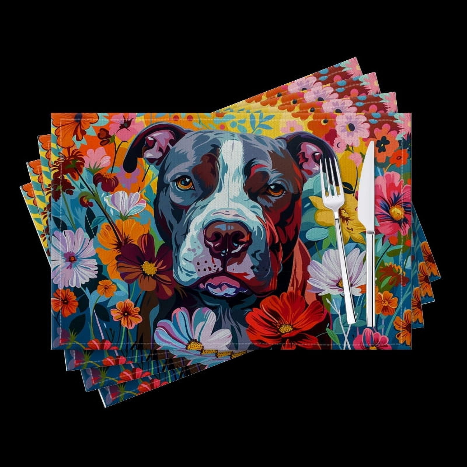 BaHomeck placemats Set of 4 Colorful Vibrant Of Pitbull Dog Surrounded By Flowers Cotton Linen rectangle Placemats for Kitchen Dining Table Indoor,Outdoor,18*12inch
