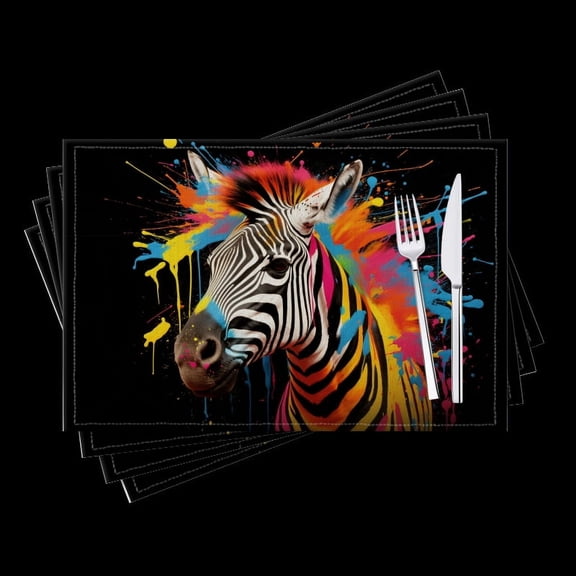 BaHomeck placemats Set of 4 Colorful Zebra With Paint Splatters On Black Background Cotton Linen rectangle Placemats for Kitchen Dining Table Indoor,Outdoor,18*12inch