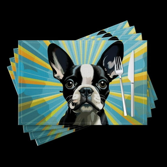 BaHomeck placemats Set of 4 Cute Boston Terrier In The Style Of Comic Cotton Linen rectangle Placemats for Kitchen Dining Table Indoor,Outdoor,18*12inch