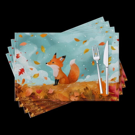 BaHomeck placemats Set of 4 Cute Cartoon Fox In Autumn Landscape And Surrounded By Falling Leaves Cotton Linen rectangle Placemats for Kitchen Dining Table Indoor,Outdoor,18*12inch