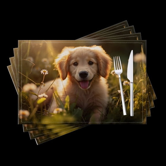BaHomeck placemats Set of 4 Cute Golden Retriever Puppy Sitting In The Grass With Daisies Cotton Linen rectangle Placemats for Kitchen Dining Table Indoor,Outdoor,18*12inch