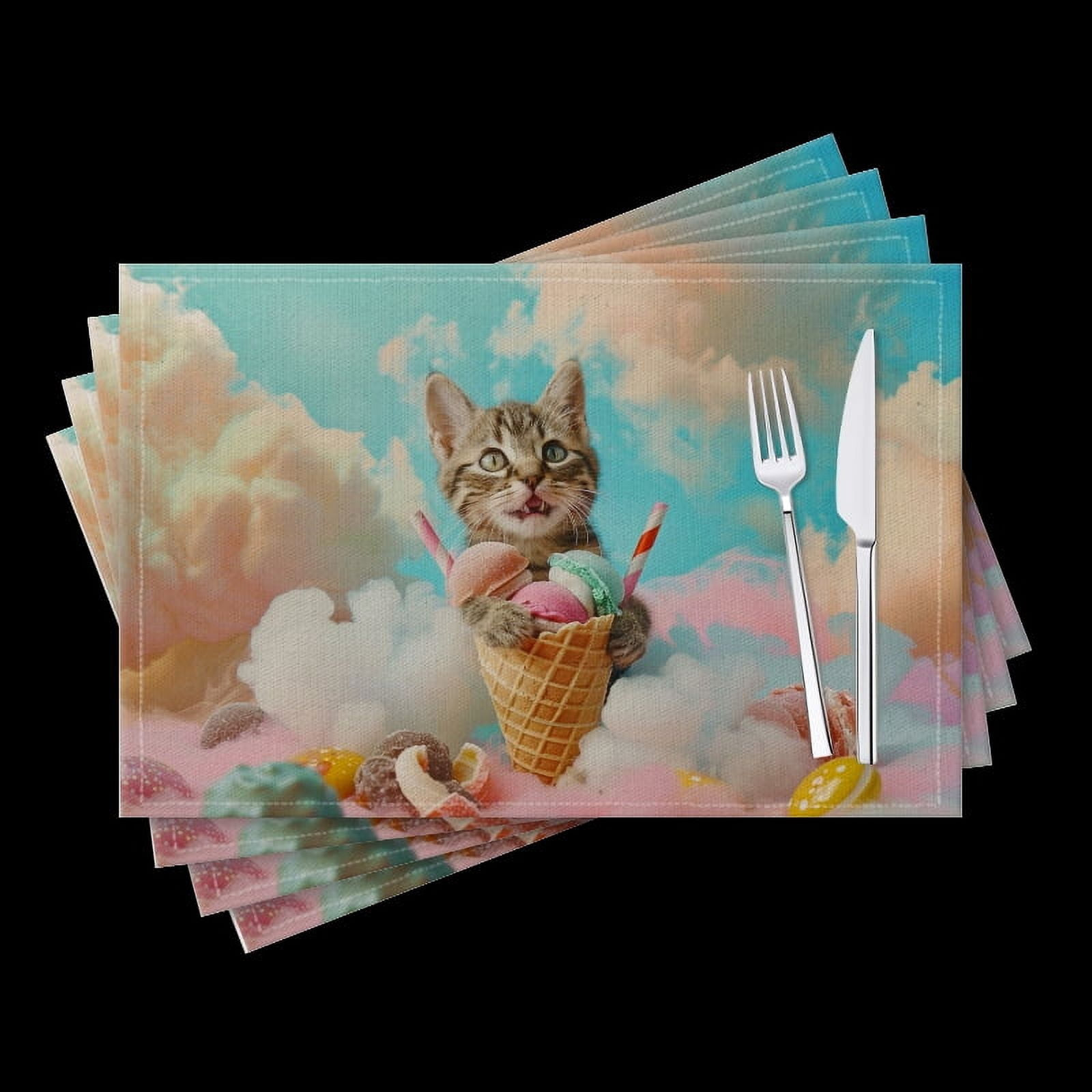 BaHomeck placemats Set of 4 Cute Kitten Sitting In Ice Cream Cone Surrounded By Colorful Candy And Sweets Cotton Linen rectangle Placemats for Kitchen Dining Table Indoor,Outdoor,18*12inch