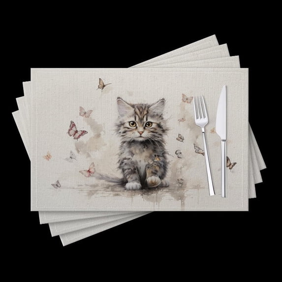 BaHomeck placemats Set of 4 Cute Little Kitten Surrounded By Butterflies Flying In All Directions Cotton Linen rectangle Placemats for Kitchen Dining Table Indoor,Outdoor,18*12inch