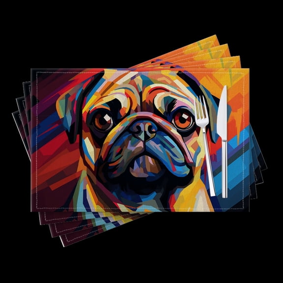 BaHomeck placemats Set of 4 Cute Pug Dog Set Against Colorful Background Cotton Linen rectangle Placemats for Kitchen Dining Table Indoor,Outdoor,18*12inch