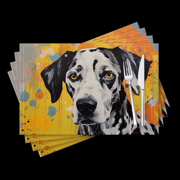 BaHomeck placemats Set of 4 Dalmatian Dog On Yellow Background With Orange Splashes Cotton Linen rectangle Placemats for Kitchen Dining Table Indoor,Outdoor,18*12inch