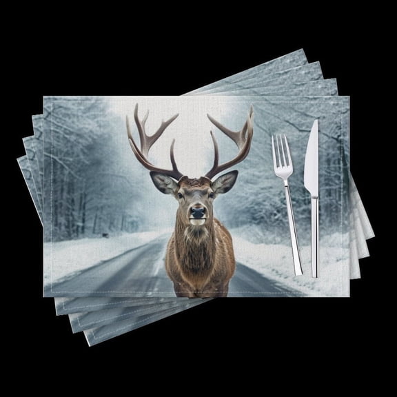 BaHomeck placemats Set of 4 Deer With Antlers Stands On The Side Of Icy Road Cotton Linen rectangle Placemats for Kitchen Dining Table Indoor,Outdoor,18*12inch