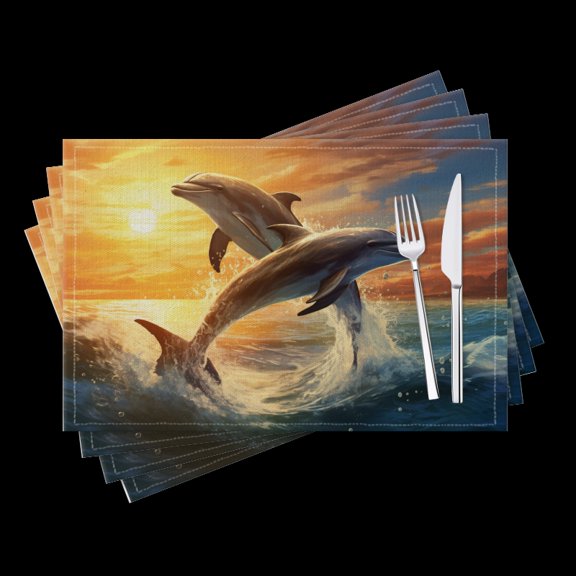 BaHomeck placemats Set of 4 Dolphins Jump Out Of The Sea At Sunset Pretty Cotton Linen rectangle Placemats for Kitchen Dining Table Indoor,Outdoor,18*12inch