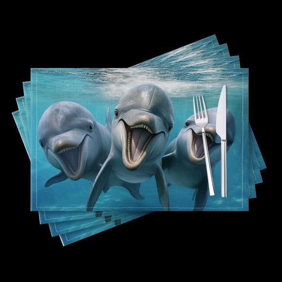 BaHomeck placemats Set of 4 Dolphins Swimming Displaying Teeth And Appearing To Laugh Cotton Linen rectangle Placemats for Kitchen Dining Table Indoor,Outdoor,18*12inch
