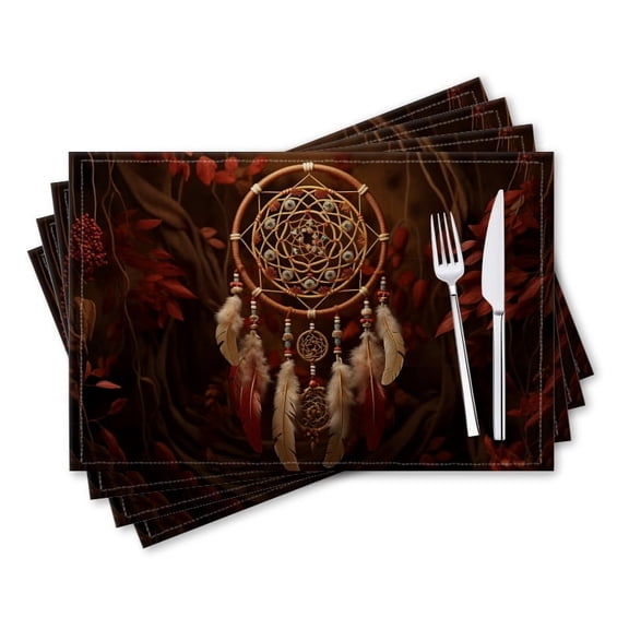 BaHomeck placemats Set of 4 rectangle Linen Cotton Placemats for Dining Table Washable Heat Resistant,18*12inch,Dreamcatcher With Feathers And Beads On Brown Background