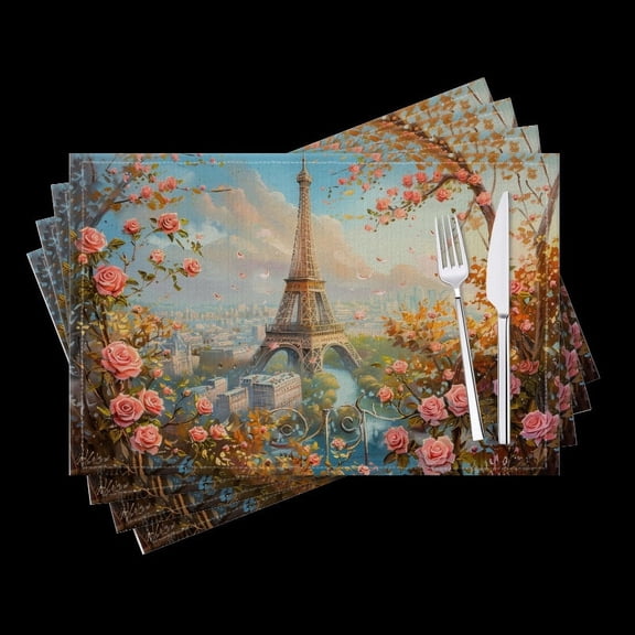 BaHomeck placemats Set of 4 The Eiffel Tower Surrounded By Roses In Shades Of Pink Cotton Linen rectangle Placemats for Kitchen Dining Table Indoor,Outdoor,18*12inch
