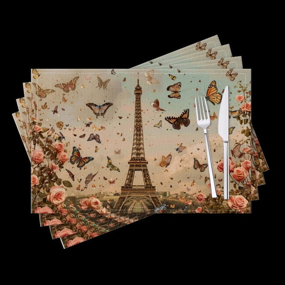 BaHomeck placemats Set of 4 Eiffel Towere With Butterflies And Roses Cotton Linen rectangle Placemats for Kitchen Dining Table Indoor,Outdoor,18*12inch