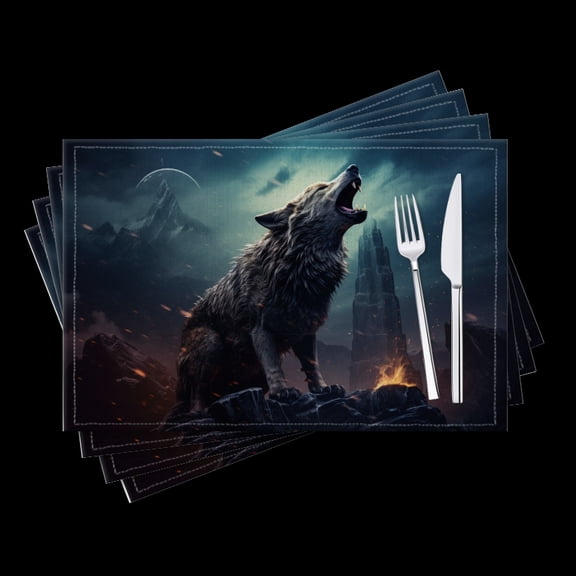 BaHomeck placemats Set of 4 Fantasy Art Of Angry Wolf Howling Before The Castle Cotton Linen rectangle Placemats for Kitchen Dining Table Indoor,Outdoor,18*12inch