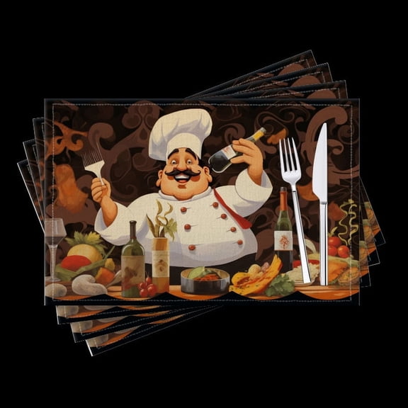 BaHomeck placemats Set of 4 Fat Happy Chef With Mustache Holding Wine Bottle And Fork In Front Cotton Linen rectangle Placemats for Kitchen Dining Table Indoor,Outdoor,18*12inch