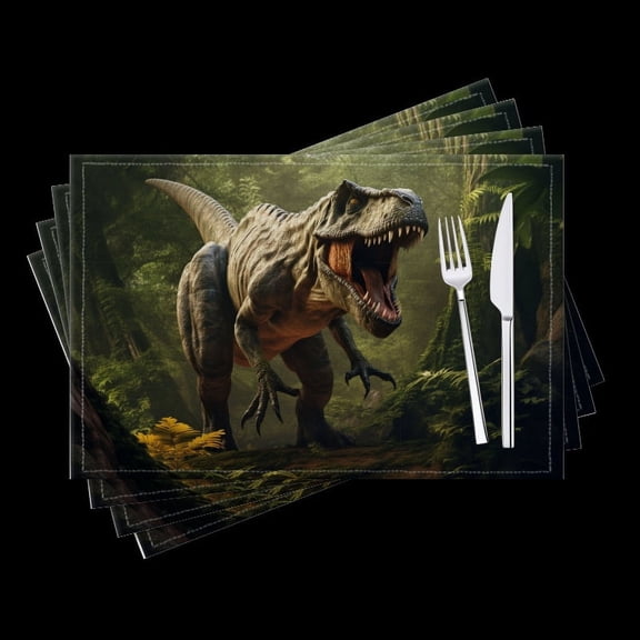 BaHomeck placemats Set of 4 Ferocious Tyrannosaurus Rex Roaring In The Lush Prehistoric Jungle Cotton Linen rectangle Placemats for Kitchen Dining Table Indoor,Outdoor,18*12inch