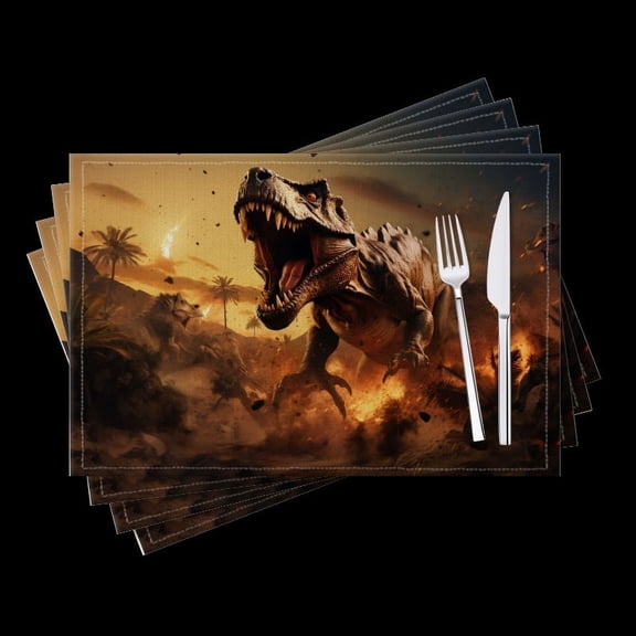 BaHomeck placemats Set of 4 Ferocious Tyrannosaurus Rex Roaring In The Midst Of Ancient Desert Cotton Linen rectangle Placemats for Kitchen Dining Table Indoor,Outdoor,18*12inch