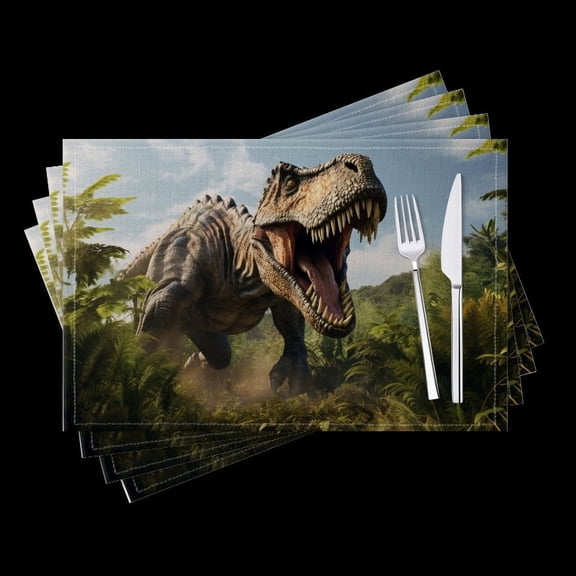 BaHomeck placemats Set of 4 Fierce Tyrannosaurus Rex Roaring In The Lush Jungle Cotton Linen rectangle Placemats for Kitchen Dining Table Indoor,Outdoor,18*12inch