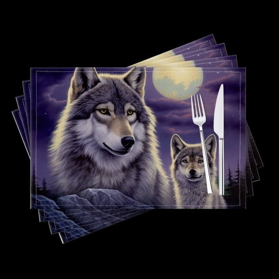 BaHomeck placemats Set of 4 Under The Full Moon Stood The Majestic Gray Wolf Cotton Linen rectangle Placemats for Kitchen Dining Table Indoor,Outdoor,18*12inch
